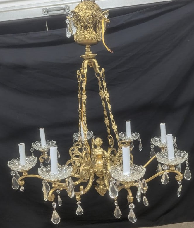 Einar BÃ¤ckstrÃ¶m Neoclassical 8-Arm Brass and Crystal Chandelier with Hanging P: **Important** Please read below description on how to avoid high shipping costs. Elevate your space with this stunning Einar BÃ¤ckstrÃ¶m 8-arm Neoclassical chandelier, expertly