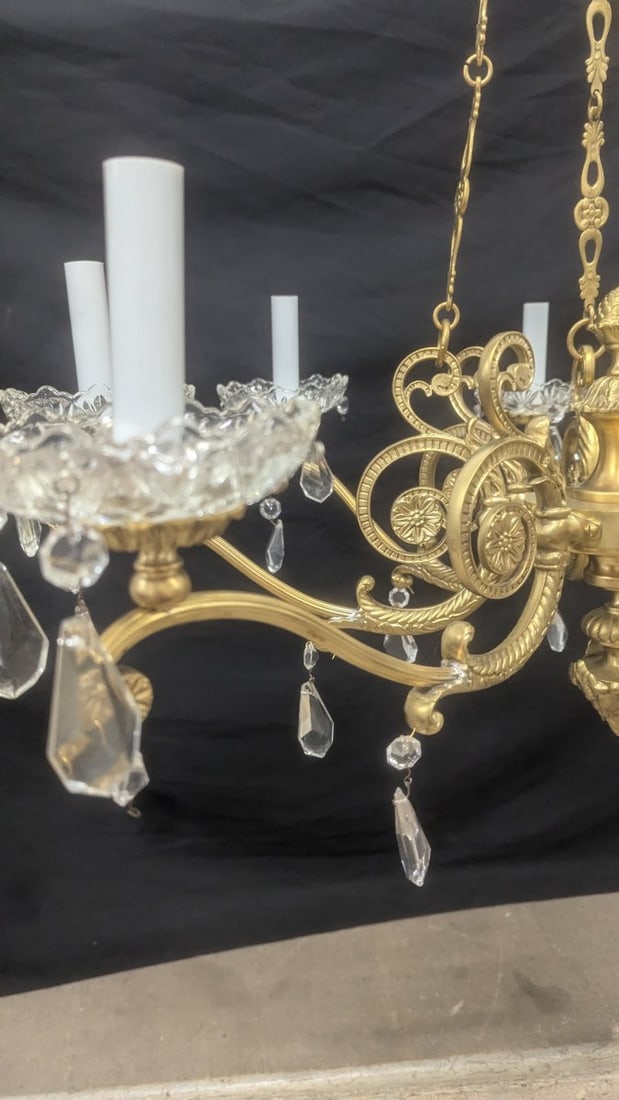 Einar BÃ¤ckstrÃ¶m Neoclassical 8-Arm Brass and Crystal Chandelier with Hanging P - 4