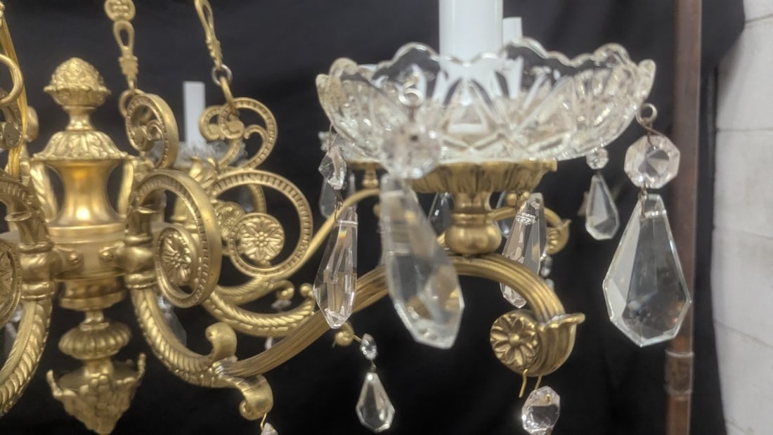 Einar BÃ¤ckstrÃ¶m Neoclassical 8-Arm Brass and Crystal Chandelier with Hanging P - 6