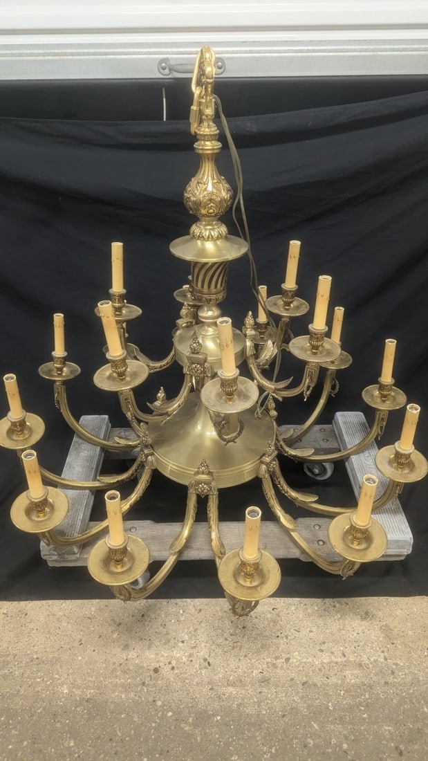 Majestic Empire Style 18-Arm Brass Chandelier Statement Lighting Fixture: **Important** Please read below description on how to avoid high shipping costs. Presenting a stunning Large Empire Style 18-Arm Brass Chandelier, a remarkable statement piece weighing around 200 lbs.