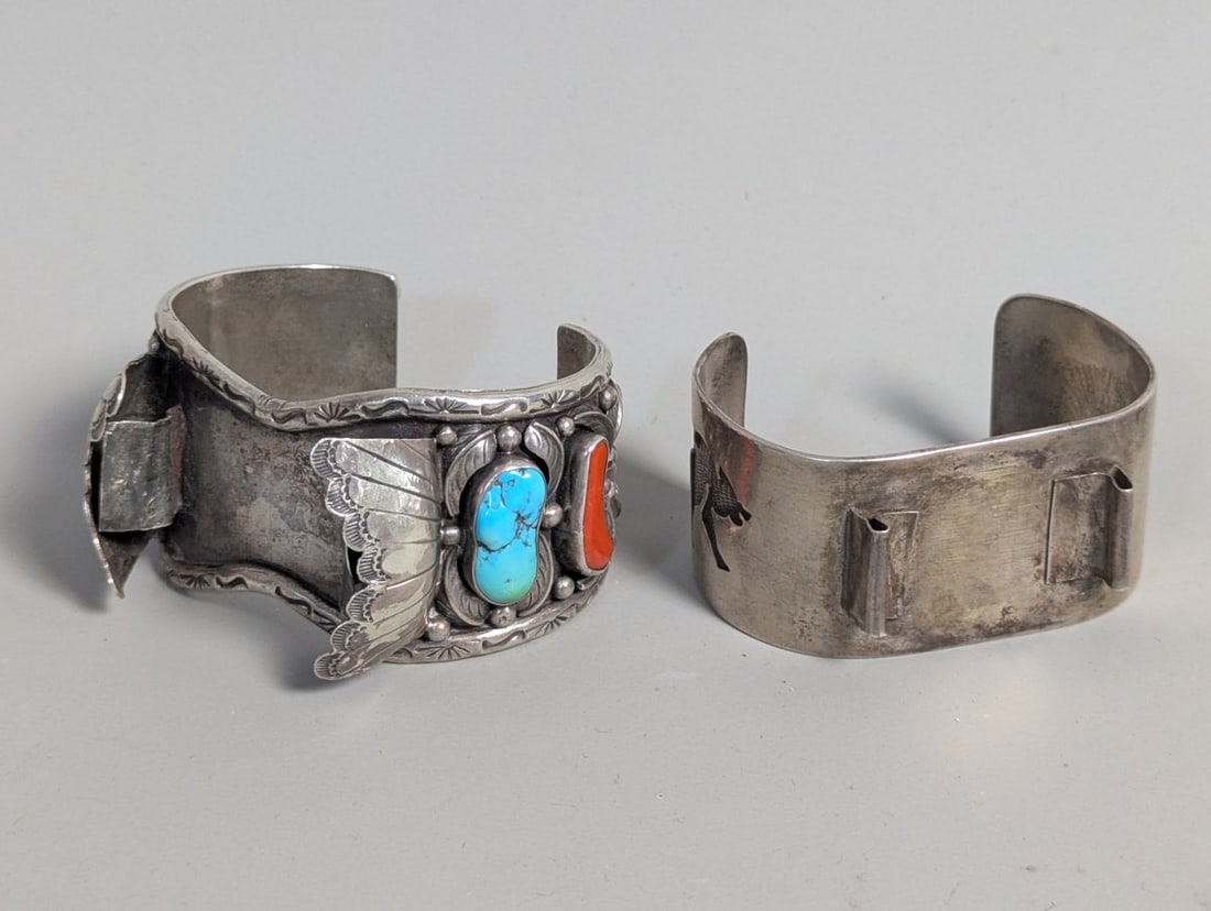 Vintage Native American Sterling Silver Watch Cuffs with Turquoise Coral Bear Motif (1 of 4)