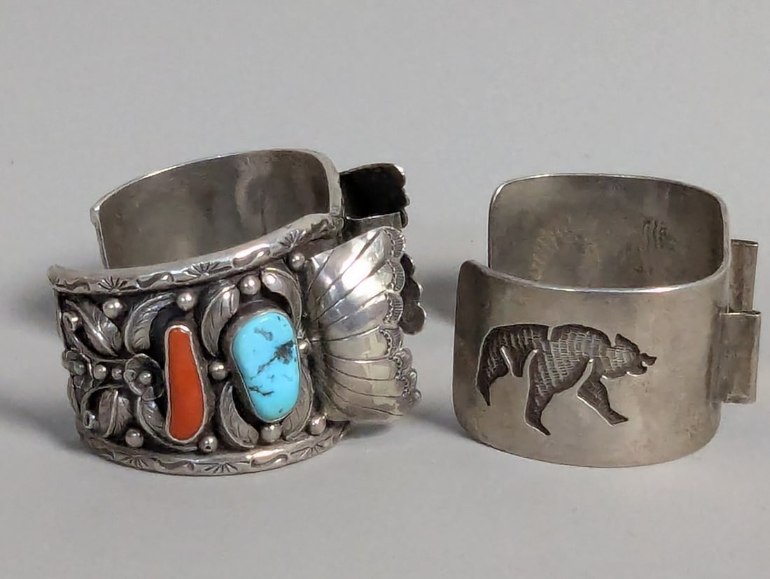 Vintage Native American Sterling Silver Watch Cuffs with Turquoise Coral Bear Motif - 3