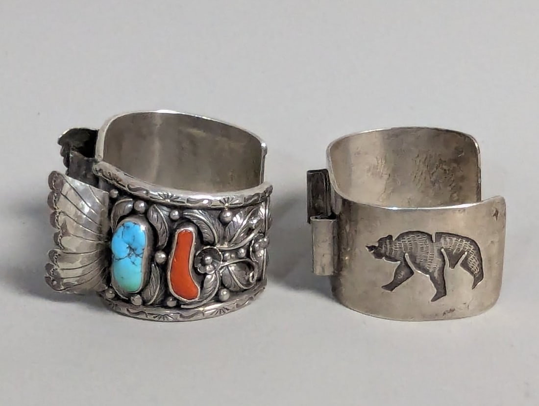 Vintage Native American Sterling Silver Watch Cuffs with Turquoise Coral Bear Motif - 4
