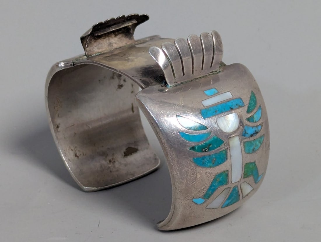 Vintage Native American Sterling Silver Inlay Cuff Bracelet IHMSS Turquoise Mother of Pearl: **Important** Please read below description on how to avoid high shipping costs. Discover this exquisite vintage Native American sterling silver inlay cuff bracelet, weighing 140 grams and measuring 3