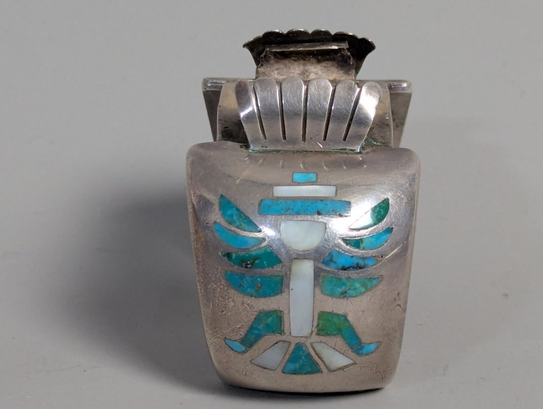 Vintage Native American Sterling Silver Inlay Cuff Bracelet IHMSS Turquoise Mother of Pearl - 2