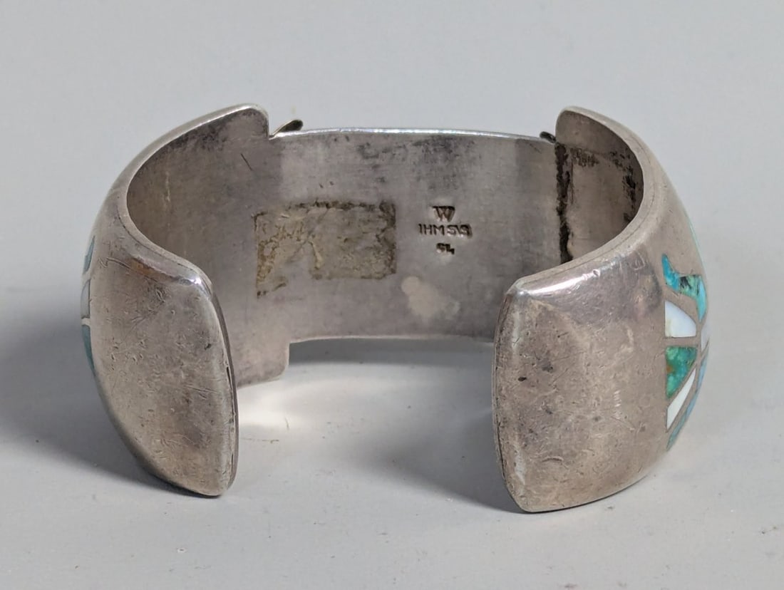 Vintage Native American Sterling Silver Inlay Cuff Bracelet IHMSS Turquoise Mother of Pearl - 5