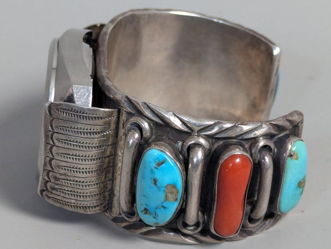 Ete Paquin Zuni Sterling Silver Turquoise Coral Watch Cuff with Elgin Running Watch - 5