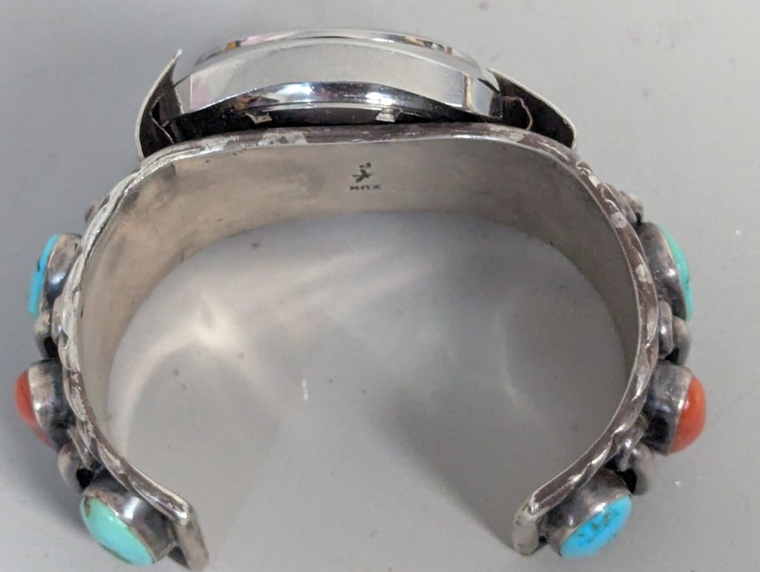 Ete Paquin Zuni Sterling Silver Turquoise Coral Watch Cuff with Elgin Running Watch - 6
