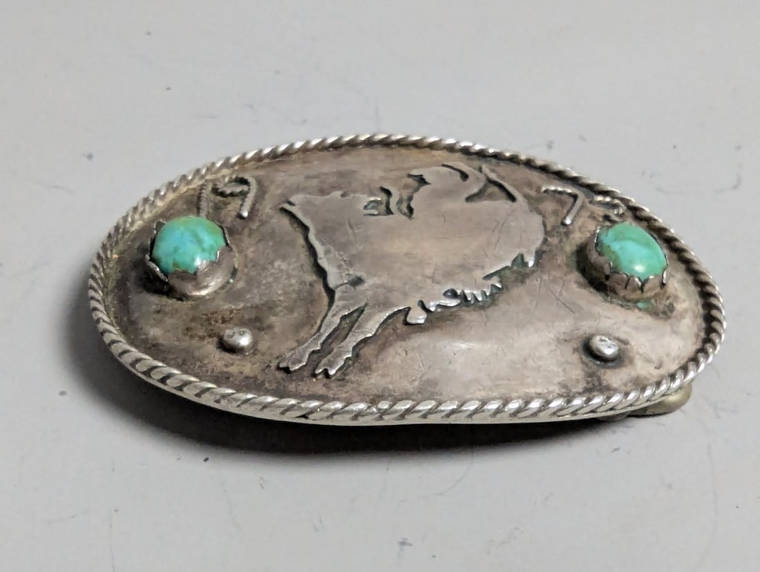 Vintage Southwestern Sterling Silver & Turquoise Buffalo & Hopi Overlay Belt Buckles Lot - 3