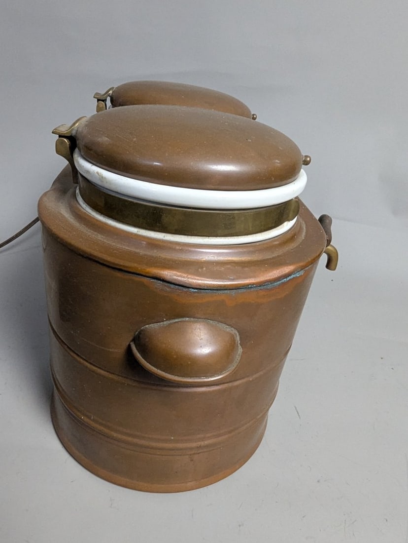 Vintage American Metal Ware Co. Copper Dual Food Syrup Warmer with Porcelain Liners - 6
