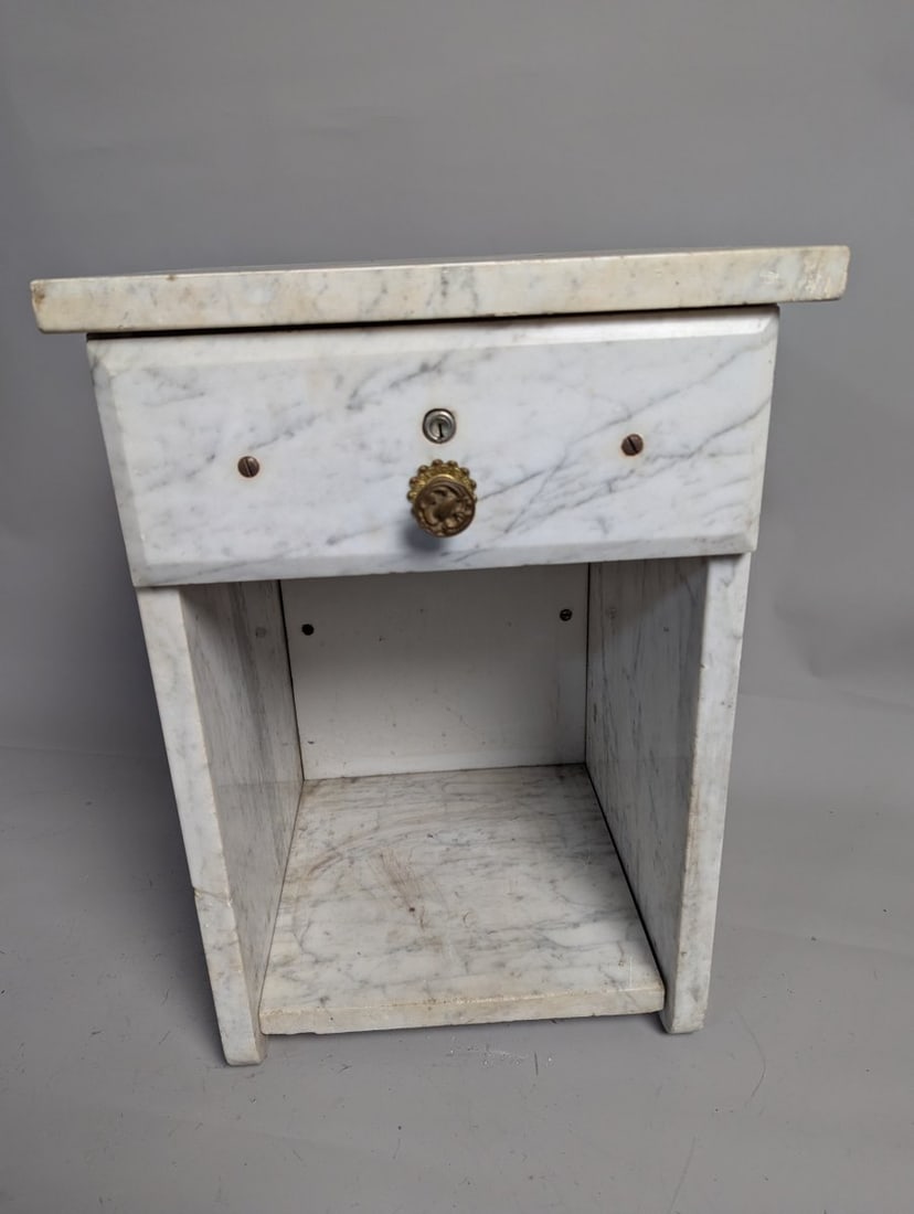 Antique Marble Barber Shop Cabinet Vintage Furniture Medical Stand White Marble: **Important** Please read below description on how to avoid high shipping costs. Discover this exquisite Antique Barber Shop White Marble Cabinet, measuring 19 high x 13 x 13. This charming piece