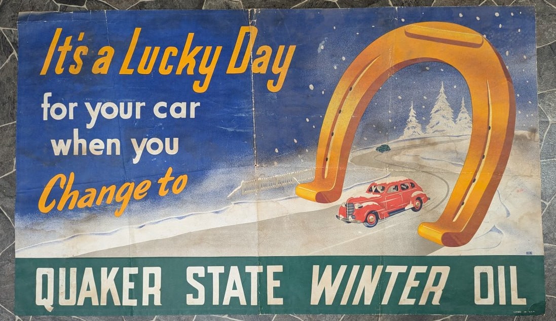 Vintage Quaker State Winter Oil Advertising Poster by Berg Petroliana Collectible: **Important** Please read below description on how to avoid high shipping costs. Up for auction is a striking vintage Quaker State Winter Oil advertising poster by Berg, measuring an impressive 57 x 3