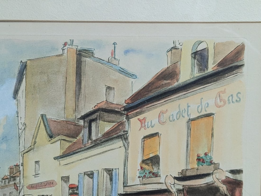 Jacques Peugot Paris Street Scene Hand-Colored Etchings Set of Two Framed Art - 10