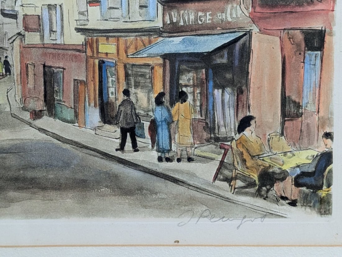 Jacques Peugot Paris Street Scene Hand-Colored Etchings Set of Two Framed Art - 12