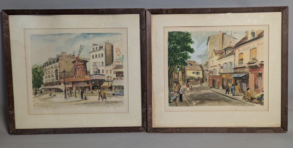 Jacques Peugot Paris Street Scene Hand-Colored Etchings Set of Two Framed Art: **Important** Please read below description on how to avoid high shipping costs. Presenting a matched pair of exquisite hand-colored etchings by Jacques Peugot, depicting iconic Parisian street scenes