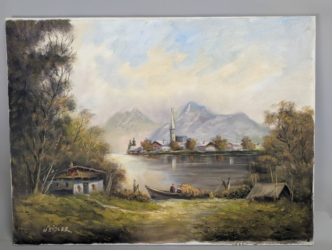 Seidler Oil on Canvas Alpine Landscape Painting Scenic Mountain Lake Art 32 x 24: **Important** Please read below description on how to avoid high shipping costs. Discover this captivating oil on canvas painting by Seidler, featuring a serene Alpine landscape that beautifully