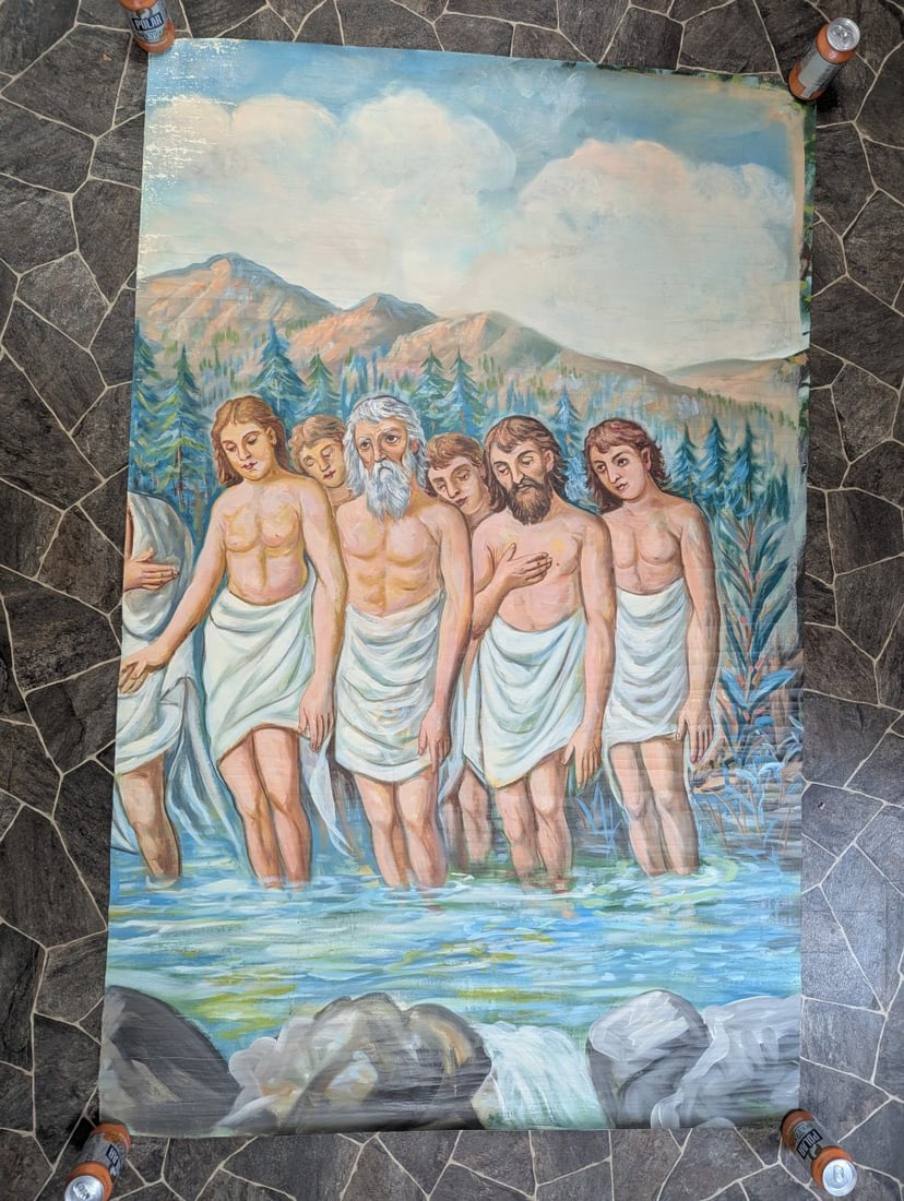 Large Unsigned Religious Oil Painting on Canvas with Beautiful Religious Motifs: **Important** Please read below description on how to avoid high shipping costs. Presenting a large oil on canvas religious painting featuring rich motifs that resonate with spiritual themes. This