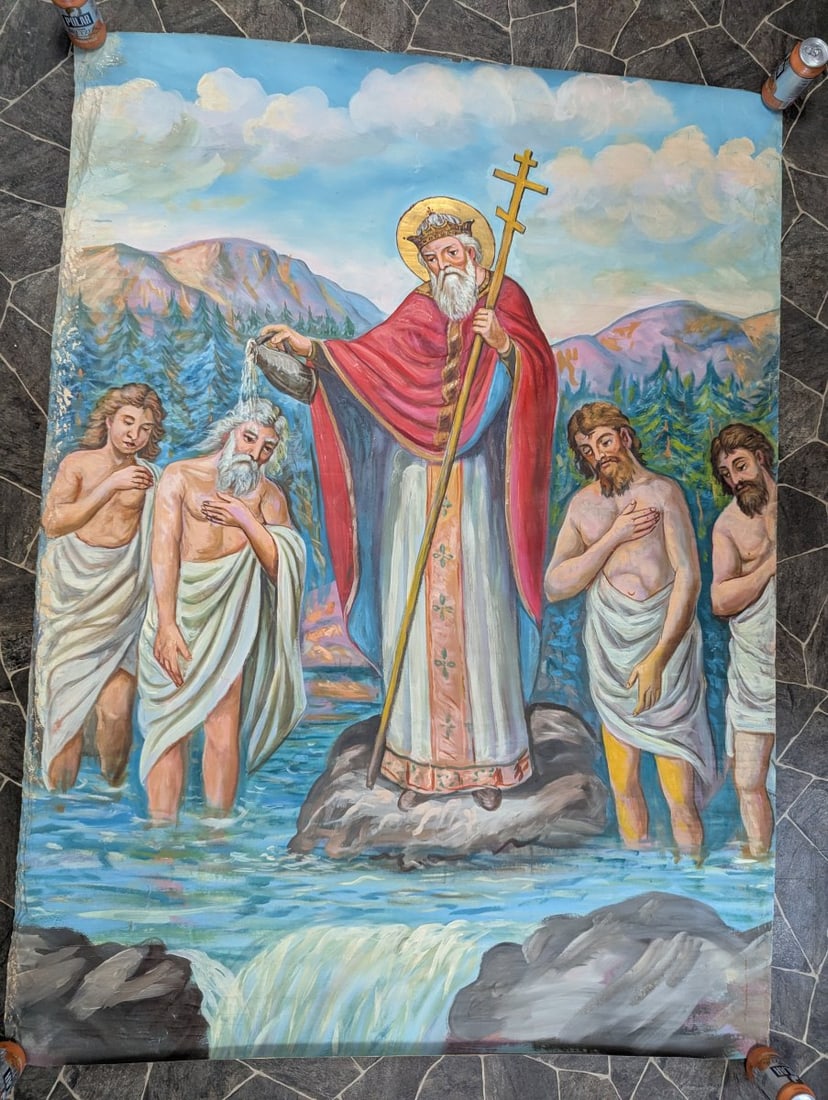 Large Unsigned Religious Oil Painting of Mass Baptism Decorative Art: **Important** Please read below description on how to avoid high shipping costs. This large oil on canvas religious painting depicts a complex scene of mass baptism, likely rendered in a style reminis