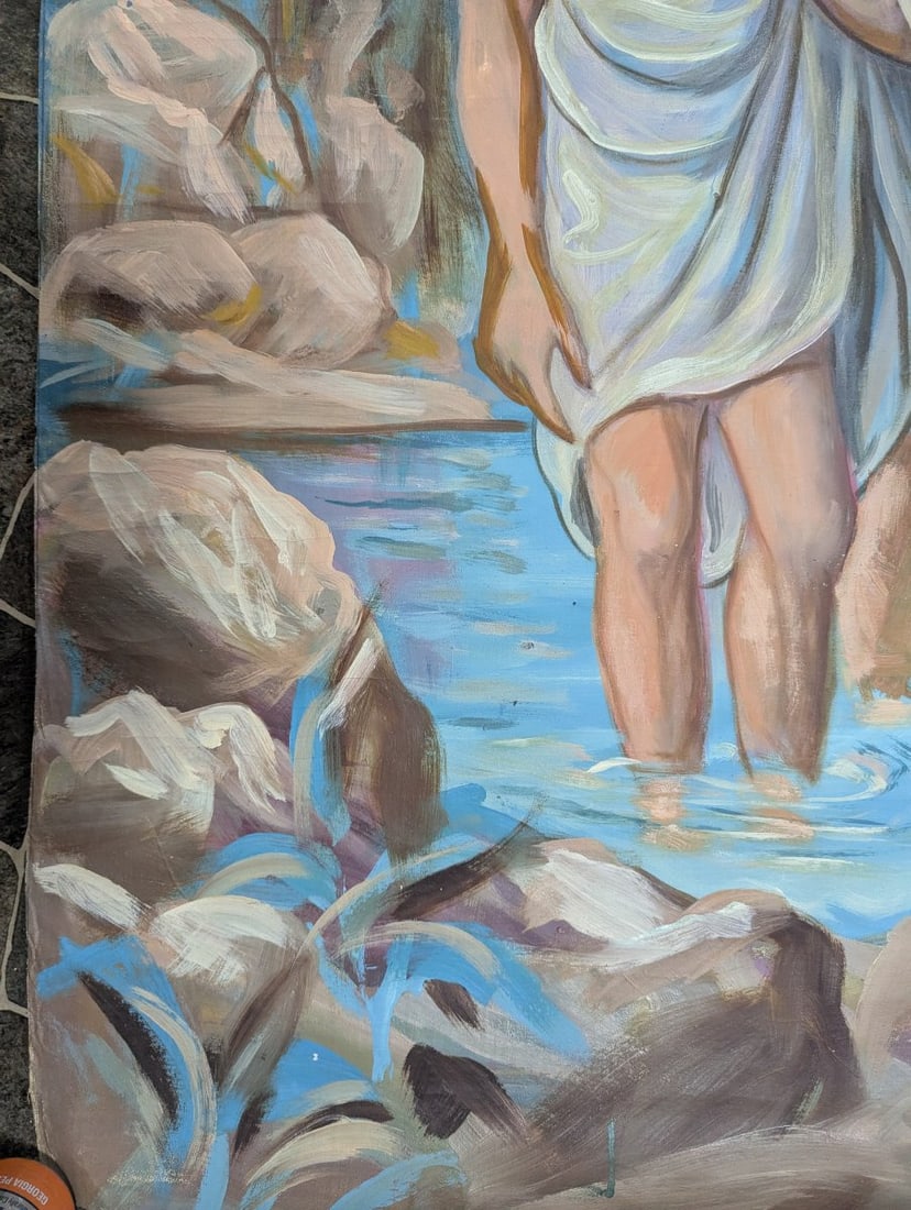 Large Unsigned Religious Oil Painting Depicting Baptism Scene Stunning Wall Art - 10