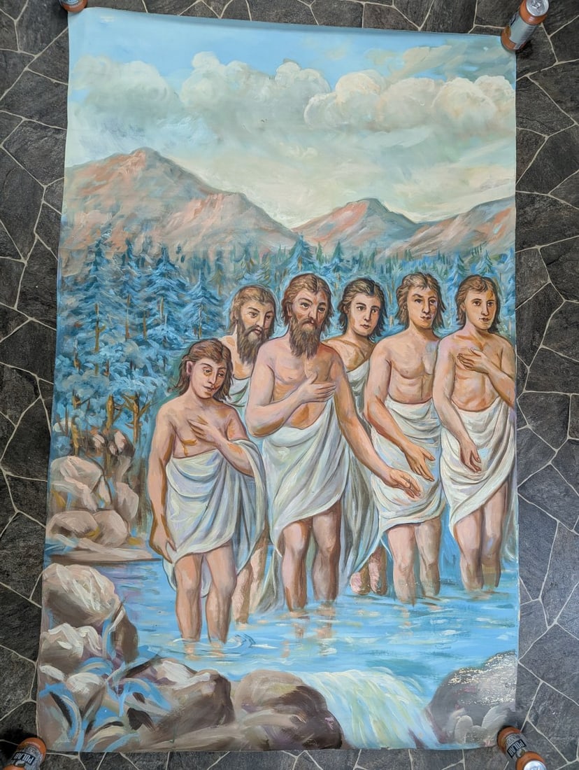 Large Unsigned Religious Oil Painting Depicting Baptism Scene Stunning Wall Art (1 of 10)