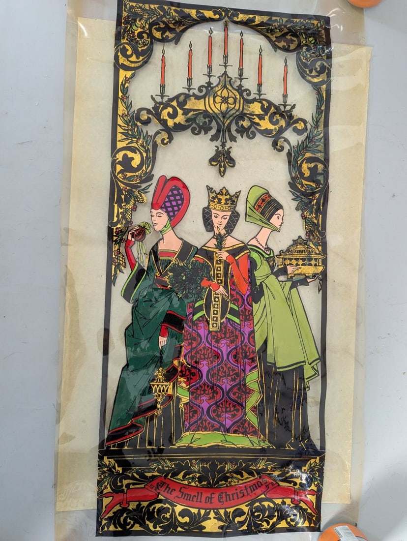 Vintage Complete Set of 5 Stained Glass Look Christmas Window Decorations - 9