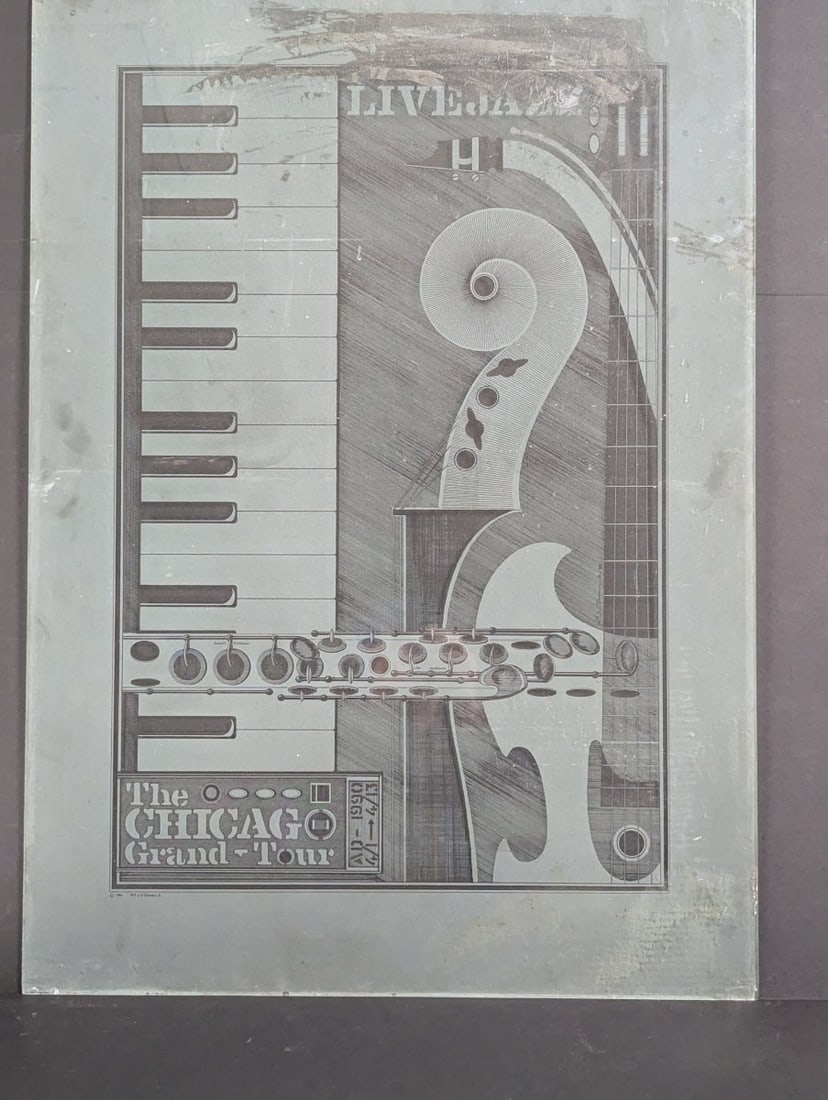 Wm S. O'Donnell Jr. Chicago Grand-Tour Etched Glass Art Panel 25 x 35 Jazz Theme: **Important** Please read below description on how to avoid high shipping costs. Elevate your collection with this stunning 25 x 35 etched glass art panel by William S. O'Donnell Jr., featuring
