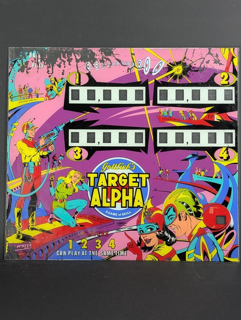 Gottlieb Target Alpha Pinball Machine Backglass by Gordon Morison Vintage Art 1976: **Important** Please read below description on how to avoid high shipping costs. Own a piece of pinball history with this original 1976 Gottlieb 'Target Alpha' pinball machine backglass. Measuring 26 