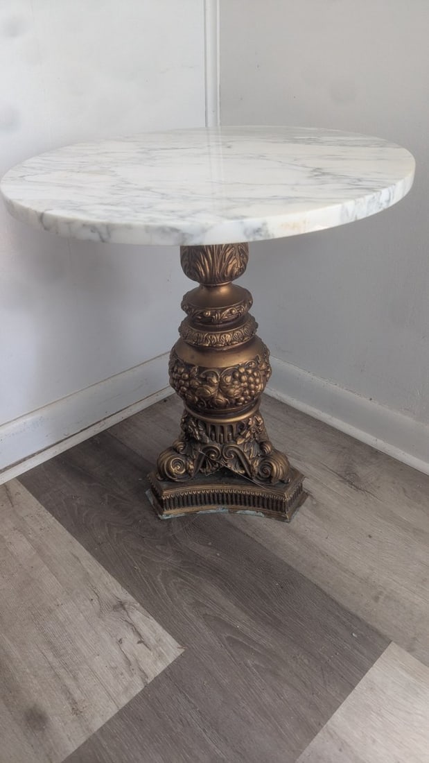 Vintage Italianate Marble Top Pedestal Side Table Ornate Cast Metal Base Neoclassical Style (1 of 5)