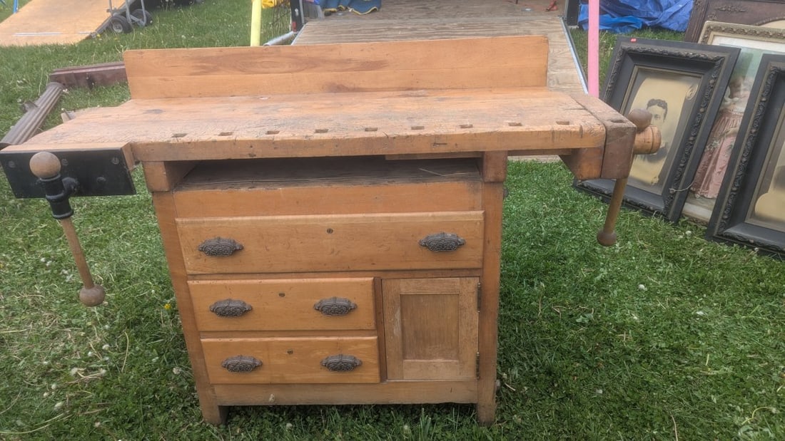 Antique Cabinet Maker Woodworking Workbench with Vises and Storage Drawers (1 of 8)