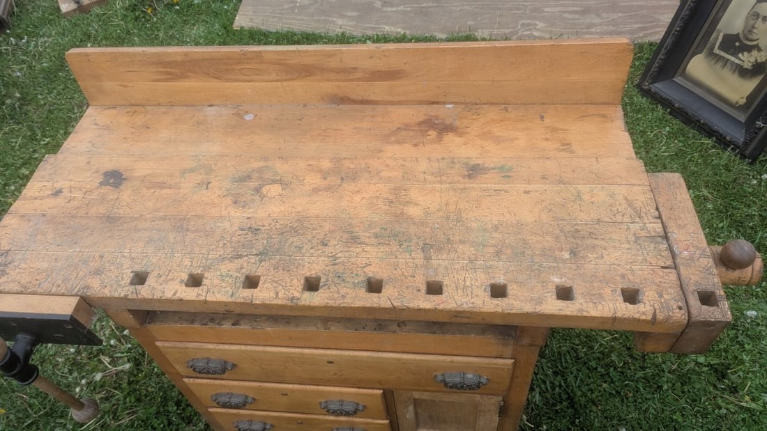 Antique Cabinet Maker Woodworking Workbench with Vises and Storage Drawers - 2