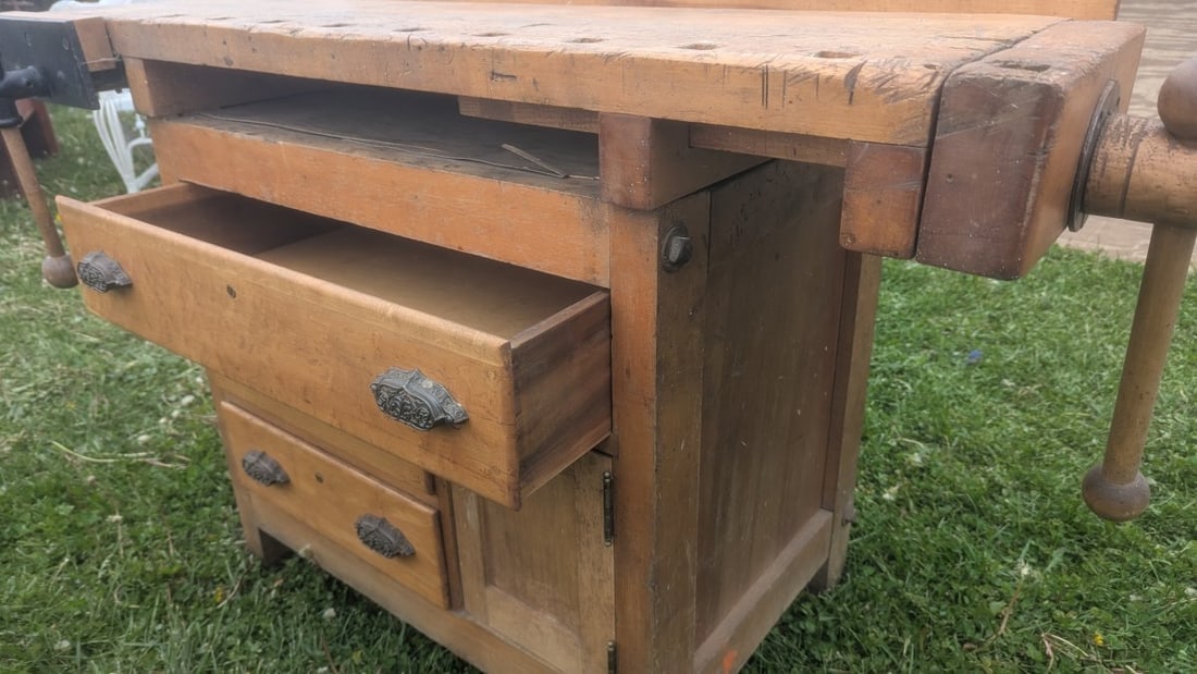 Antique Cabinet Maker Woodworking Workbench with Vises and Storage Drawers - 8