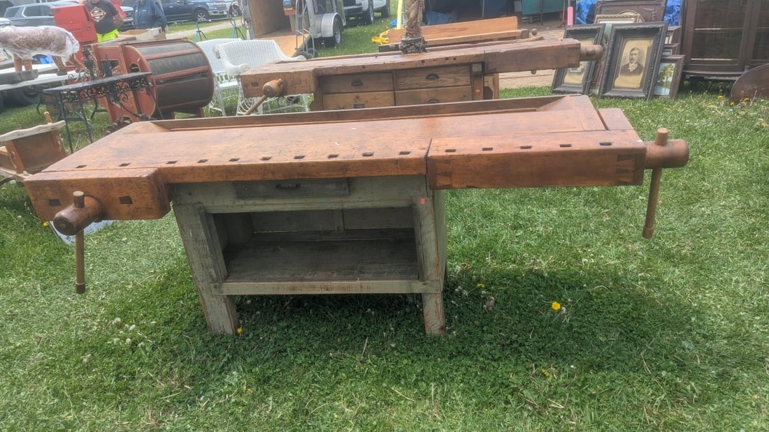 Vintage European-Style Woodworker's Workbench Rustic Industrial Craftsmanship: **Important** Please read below description on how to avoid high shipping costs. This remarkable vintage European-style woodworker's workbench, measuring 33 high x 33 x 85, is a testament to authentic