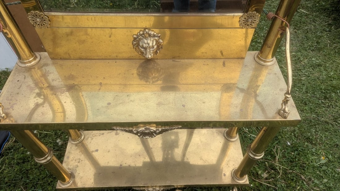 Neoclassical Hollywood Regency Style Brass Hall Tree with Mirror and Decorative Elements - 13