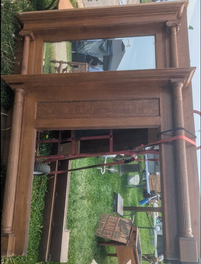 Antique American Quartersawn Oak Fireplace Mantel Architectural Salvage Statement Piece: **Important** Please read below description on how to avoid high shipping costs. Up for auction is an impressive Antique American Quartersawn Oak Fireplace Mantel, measuring 64 x 11 x 87 high, with a 