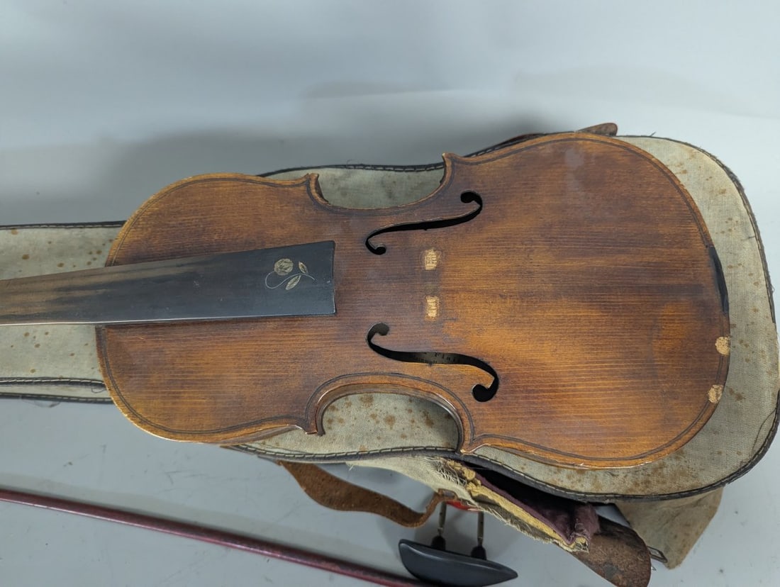 Vintage Antique Violin Outfit Set with Inlaid Back by Alex Flaitz Restoration Project - 2