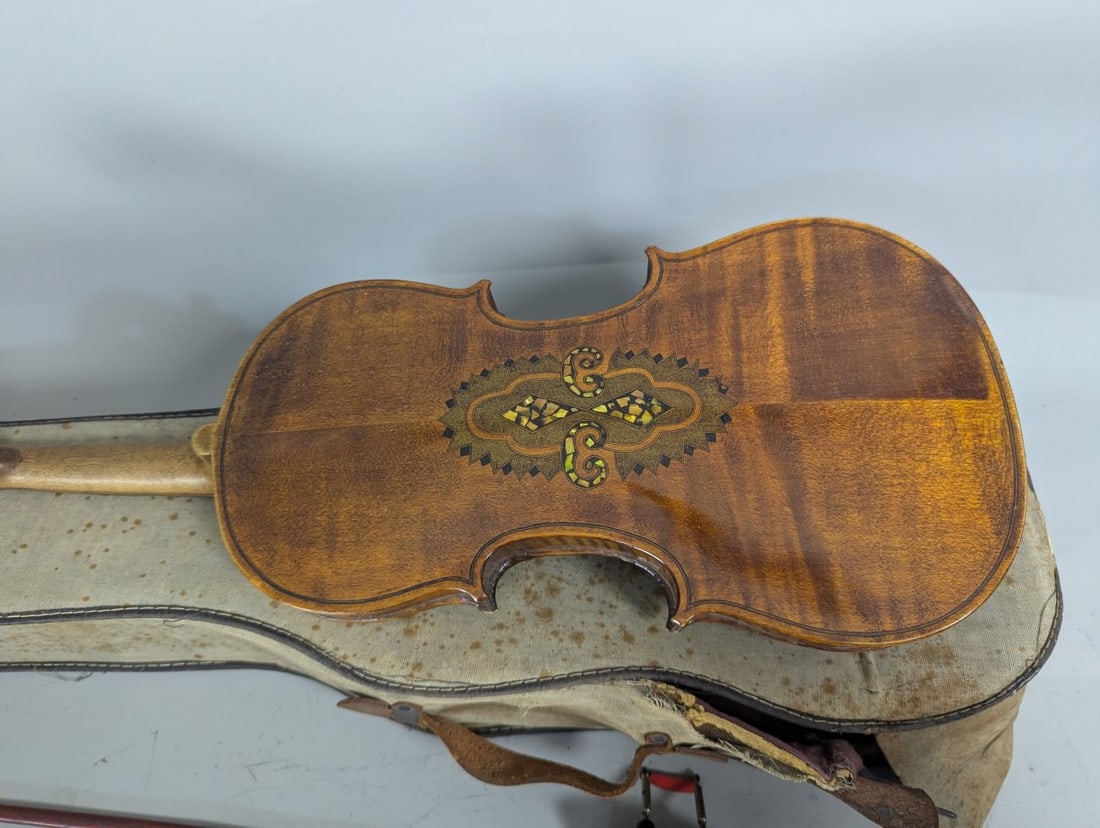 Vintage Antique Violin Outfit Set with Inlaid Back by Alex Flaitz Restoration Project - 6