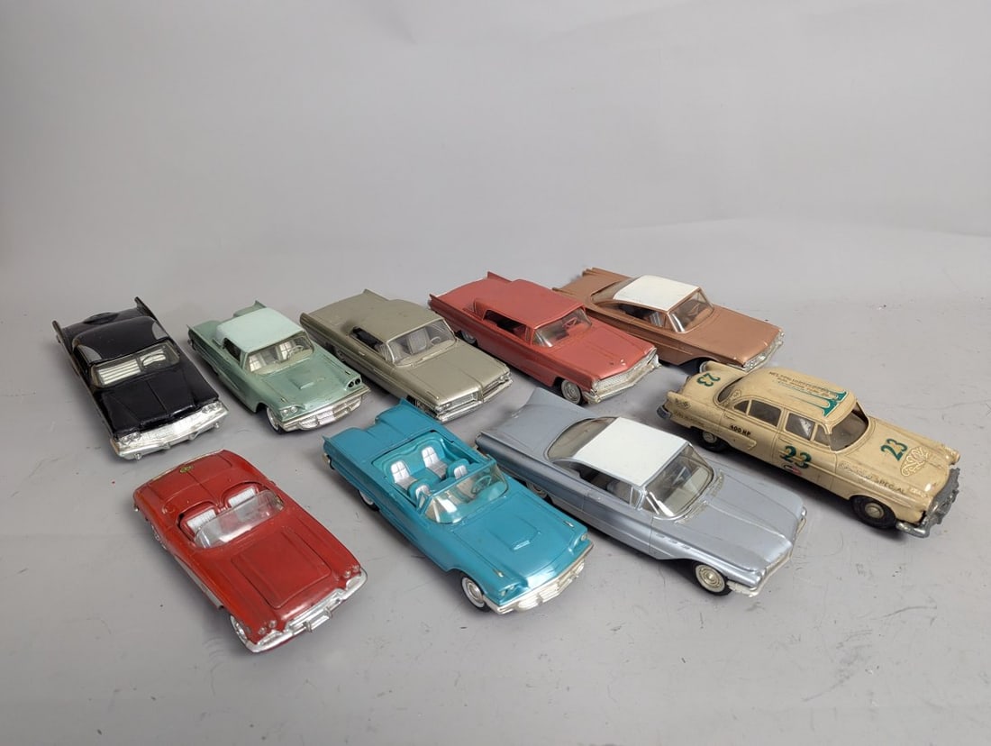 Vintage Collection of Promotional Model Cars from 1960s American Automobiles: **Important** Please read below description on how to avoid high shipping costs. As found, sold as is. This auction features a collection of nine 1/25 scale vintage plastic promotional model cars. The