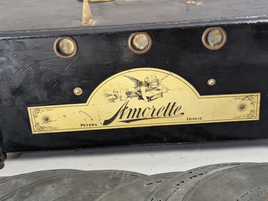 Antique Amorette Disc Music Box by Peters & Co with 10 Vintage Metal Discs - 2
