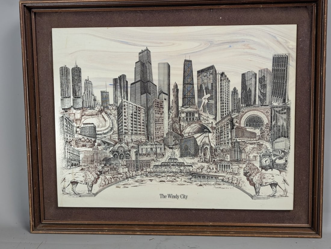 Vintage T.R. Bivens Framed Engraving The Windy City Chicago Artwork: **Important** Please read below description on how to avoid high shipping costs. Up for auction is a captivating framed art piece by T.R. Bivens titled 'The Windy City', produced by World Cities Ltd.