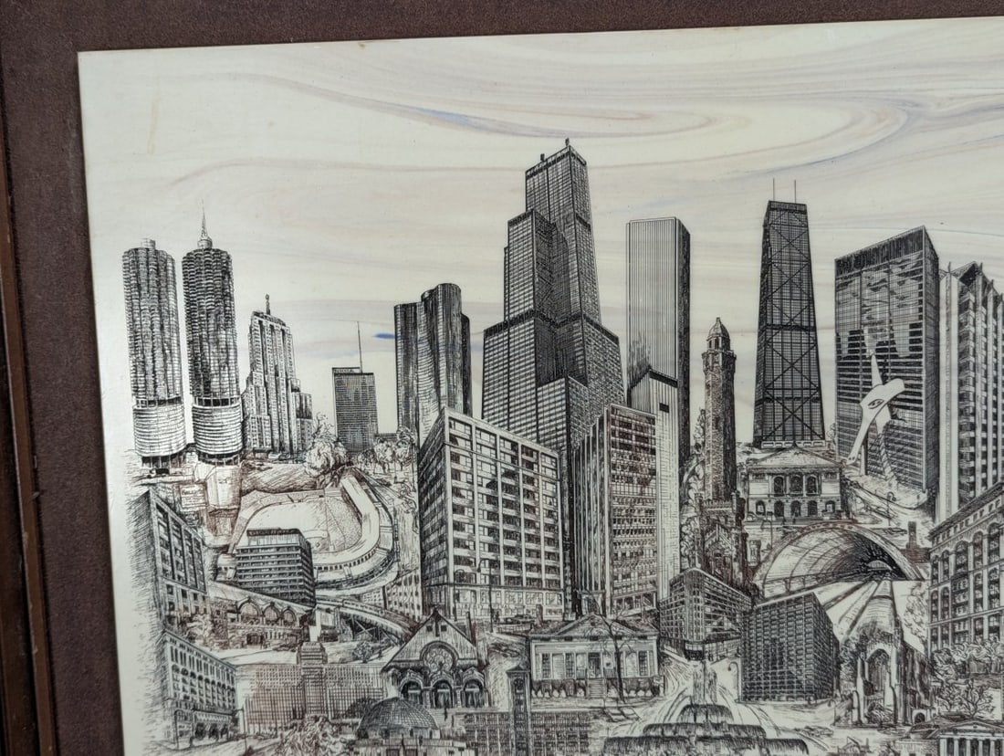 Vintage T.R. Bivens Framed Engraving The Windy City Chicago Artwork - 2
