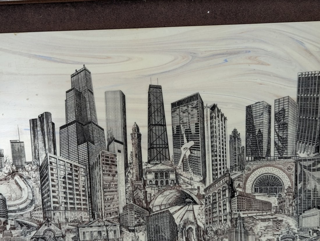 Vintage T.R. Bivens Framed Engraving The Windy City Chicago Artwork - 3