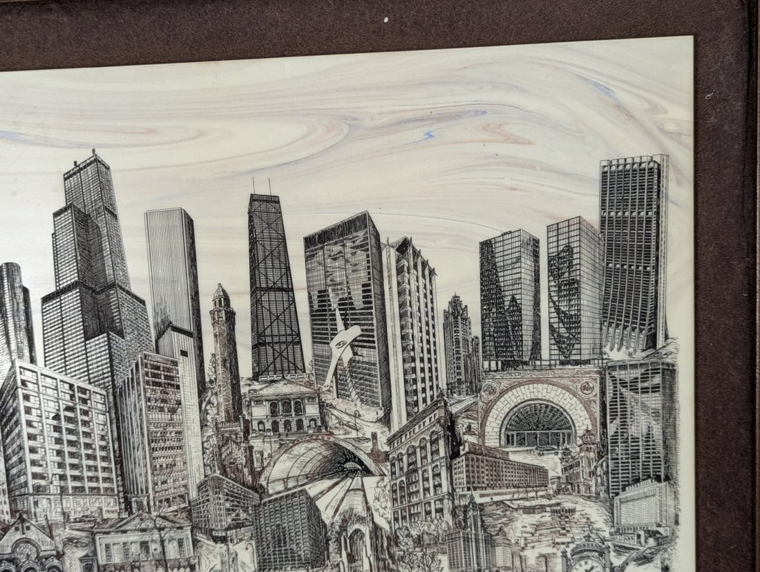 Vintage T.R. Bivens Framed Engraving The Windy City Chicago Artwork - 4