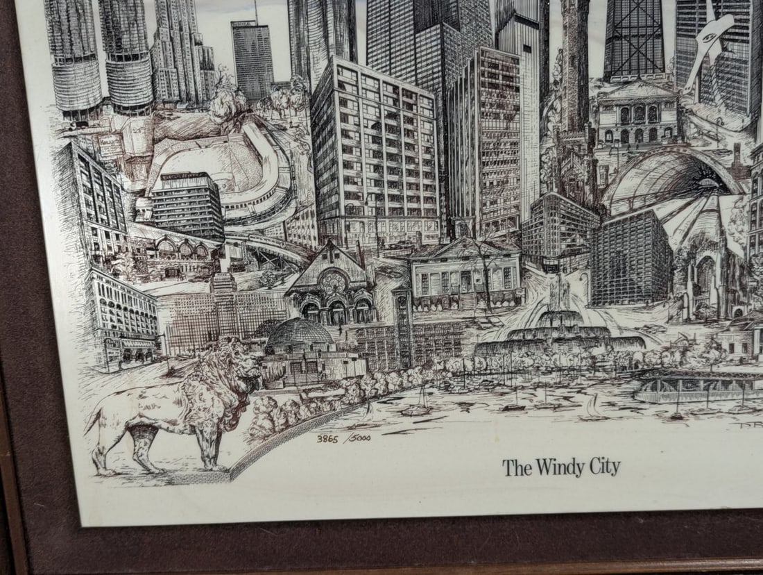 Vintage T.R. Bivens Framed Engraving The Windy City Chicago Artwork - 5