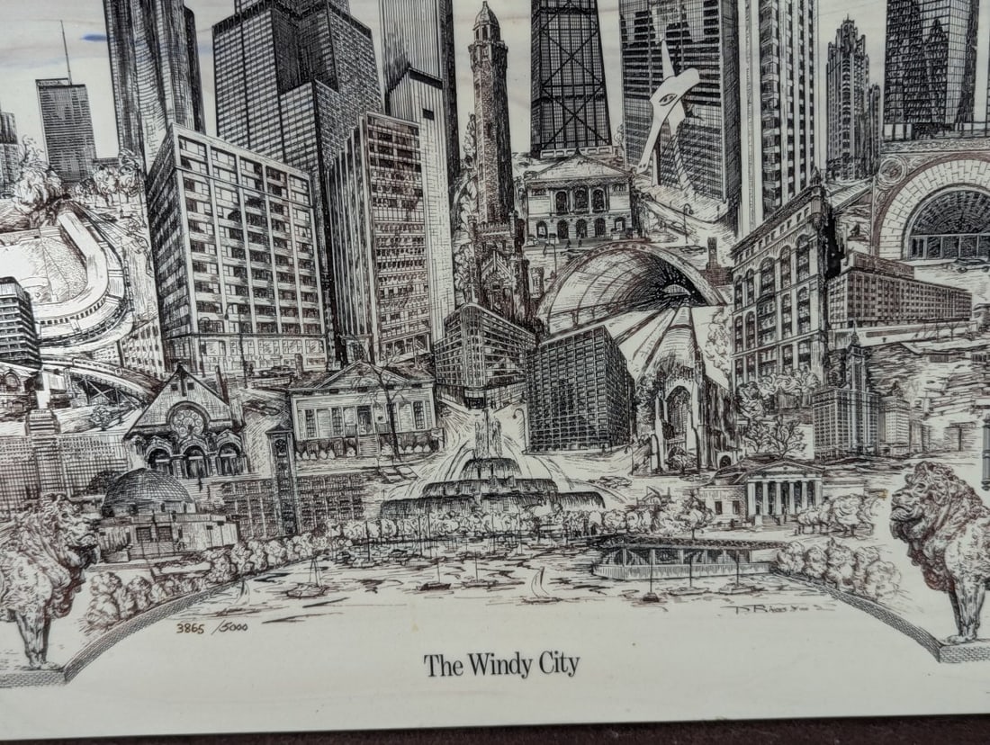 Vintage T.R. Bivens Framed Engraving The Windy City Chicago Artwork - 6