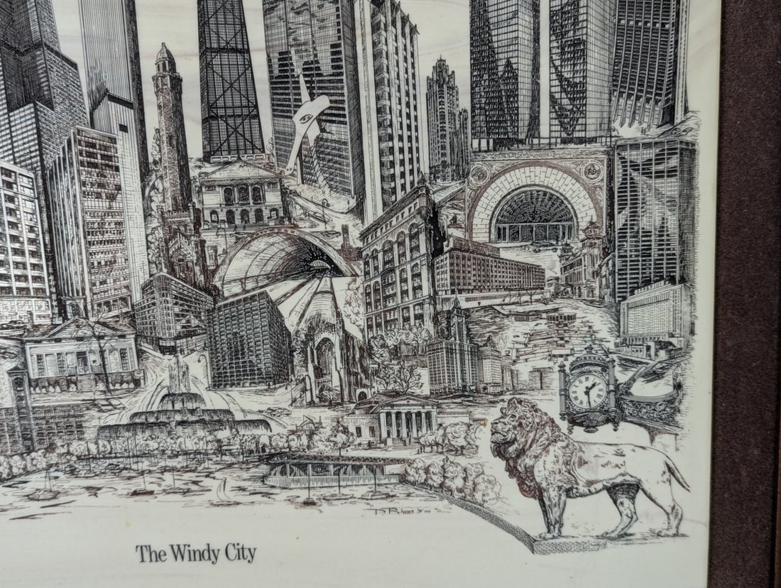 Vintage T.R. Bivens Framed Engraving The Windy City Chicago Artwork - 7