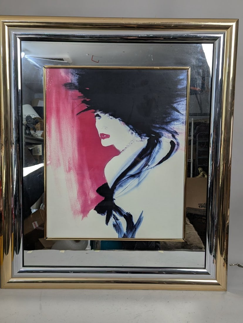Vintage 1980s Framed Fashion Print by Artistic Reflections with Mirrored Frame: **Important** Please read below description on how to avoid high shipping costs. This stunning 1980s framed fashion print by Artistic Reflections measures 36 x 42 inches and is beautifully showcased