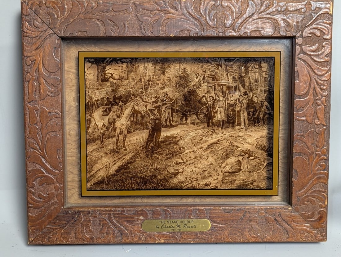 Lucid Lines The Stage Holdup Glass Photograph by C.M. Russell Vintage Wall Art: **Important** Please read below description on how to avoid high shipping costs. Explore a piece of history with this stunning Lucid Lines 'The Stage Holdup' glass photograph after C.M. Russell,