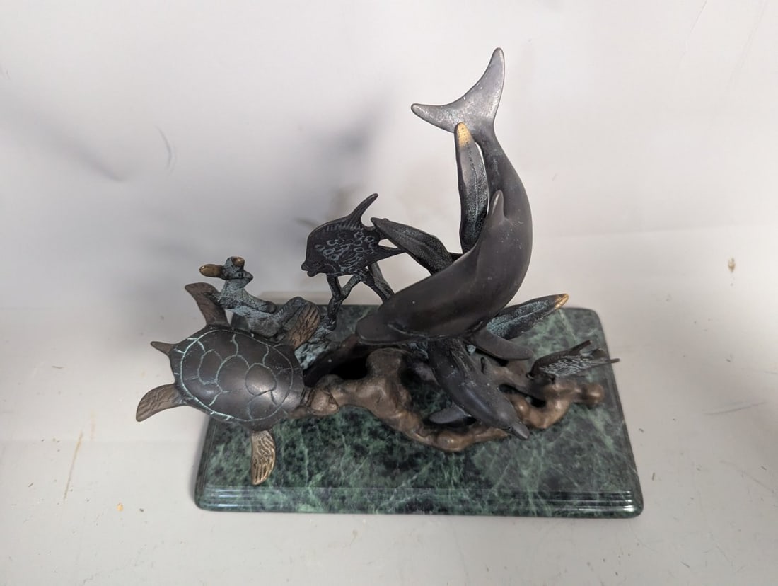 Bronze Marine Life Sculpture Featuring Dolphins and Sea Turtle on Marble Base - 2