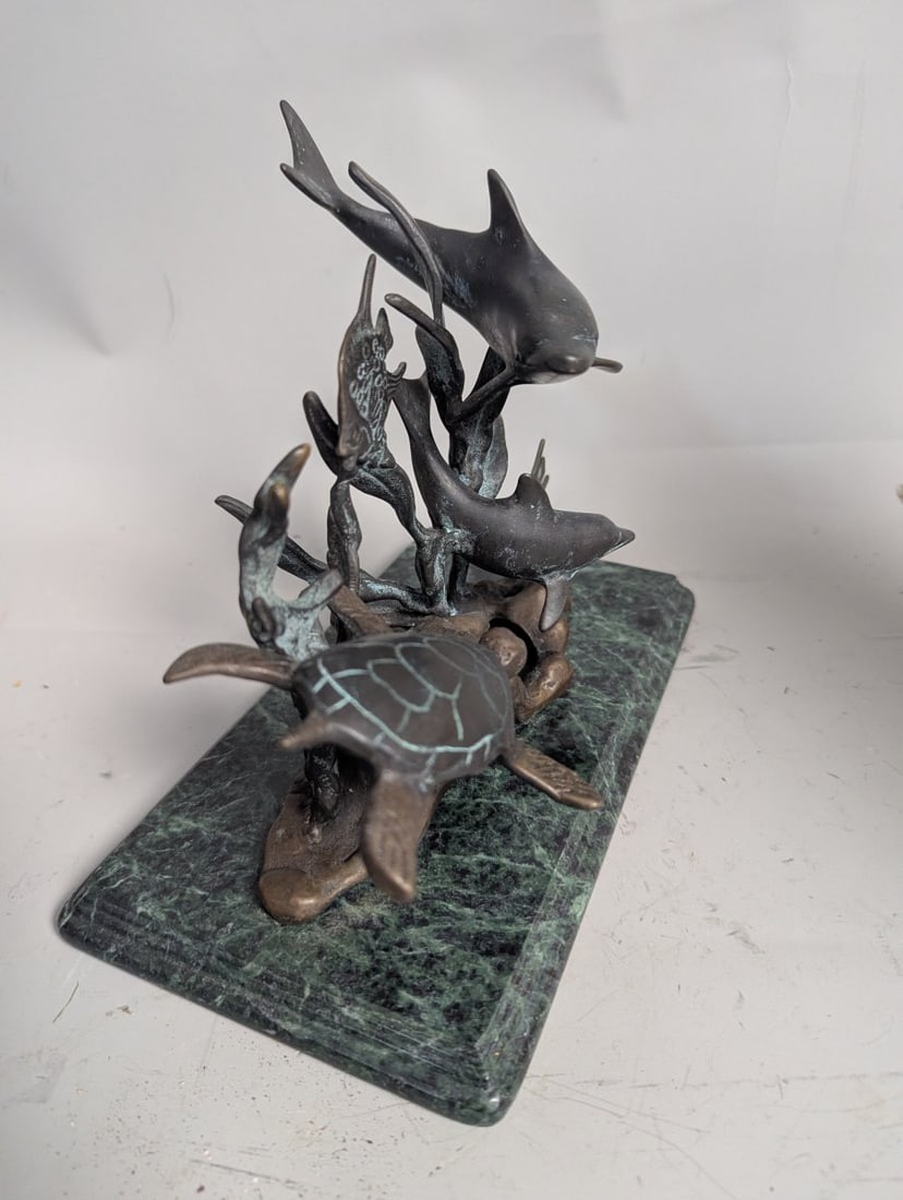 Bronze Marine Life Sculpture Featuring Dolphins and Sea Turtle on Marble Base - 3