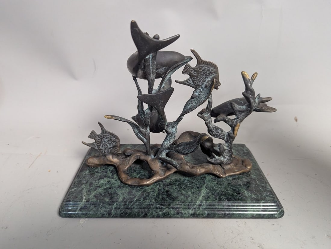 Bronze Marine Life Sculpture Featuring Dolphins and Sea Turtle on Marble Base - 4